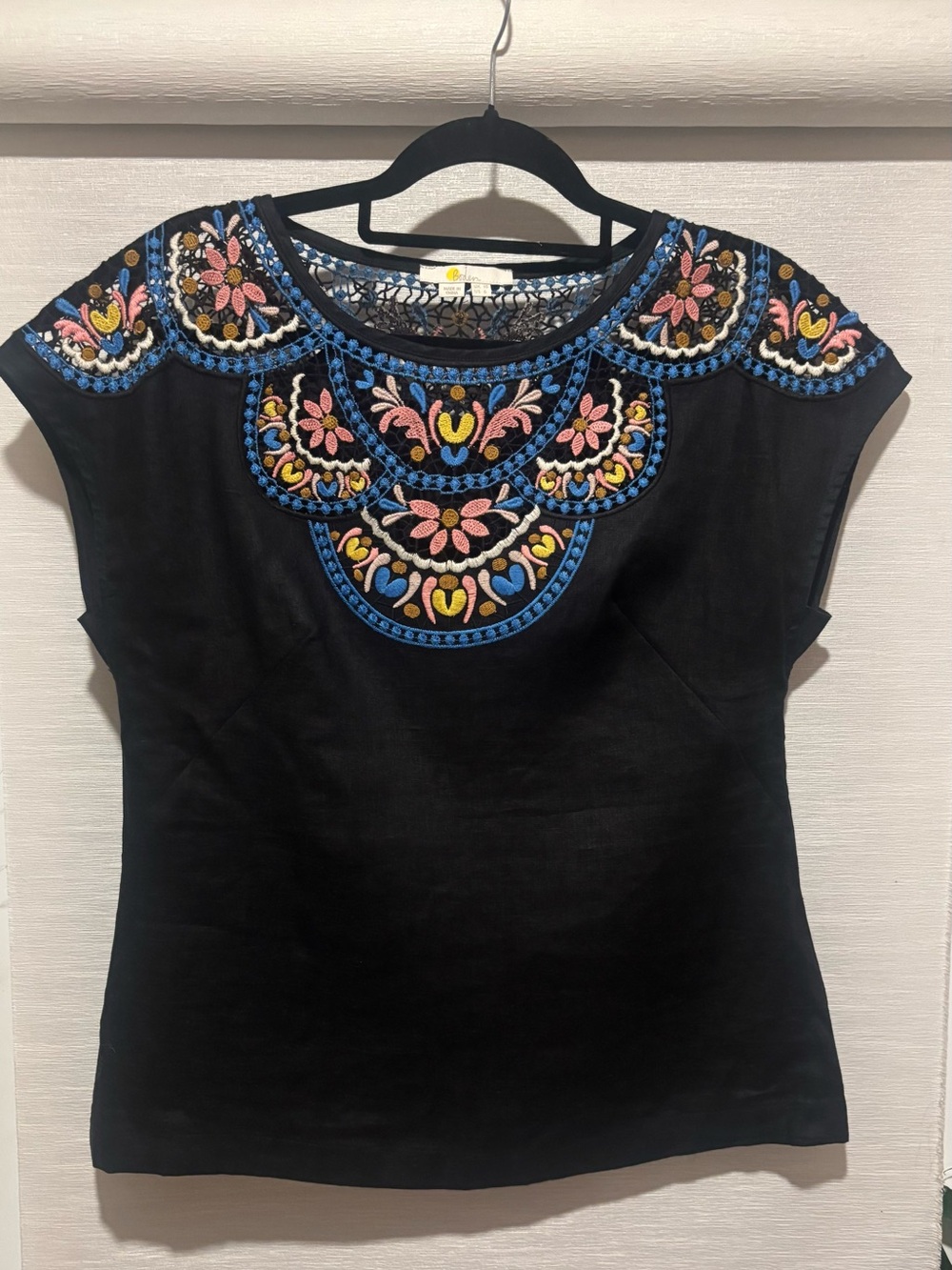 Boden Black Embroidered Cap-Sleeve Top with Multicolor Floral Detail